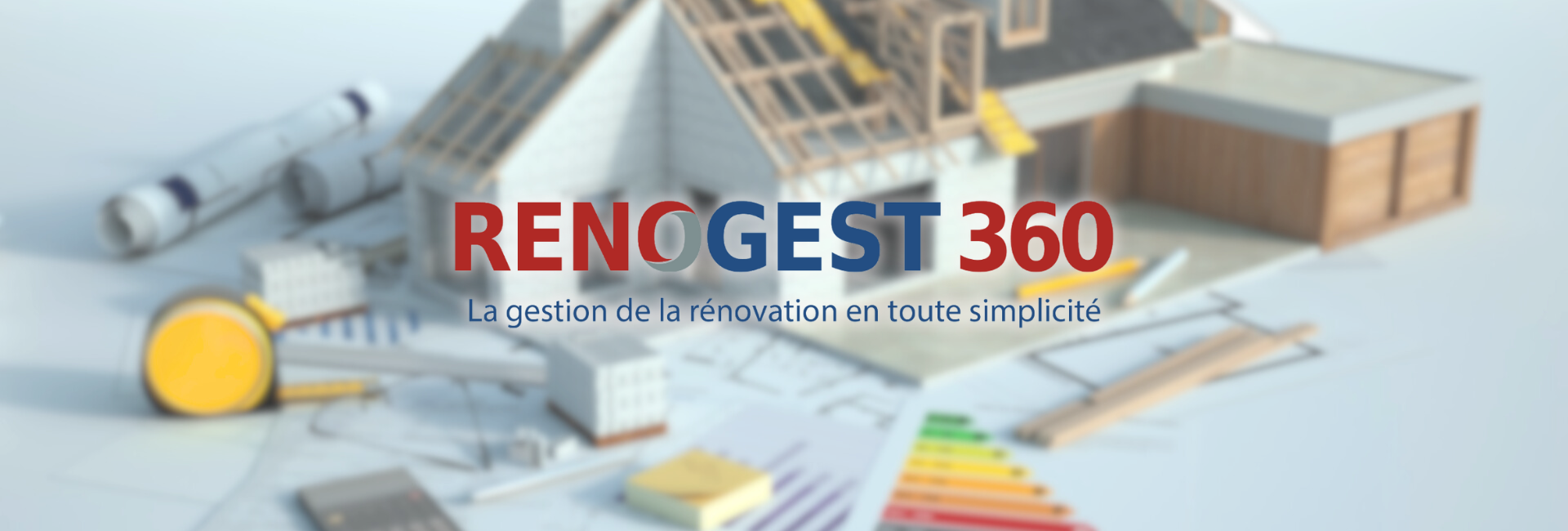 Logo RENOGEST sur fond de maison en rénovation stylisée